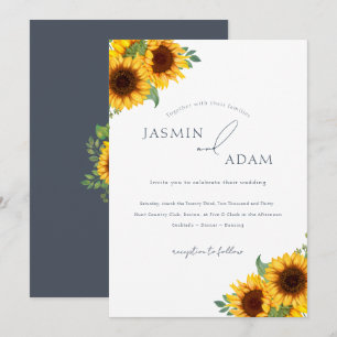 Boho-Sonnenblumen-Blumen-Schieferblau-Hochzeit Einladung