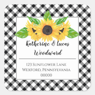 Boho-Sonnenblumen BW Büffel-Karo-Rücksendeadress Quadratischer Aufkleber