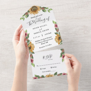 Boho-Sonnenblumen einfache RSVP-Hochzeit All In One Einladung