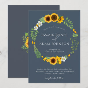 Boho-Sonnenblumen-Kranz Schieferblau Hochzeit Einladung