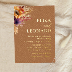 Boho-Sonnenblumen-Pampasgras-Hochzeit Folieneinladung