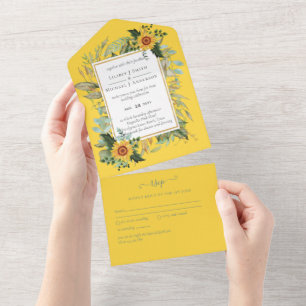 Boho-Sonnenblumen-Salbei-Grün-Hochzeit All In One Einladung