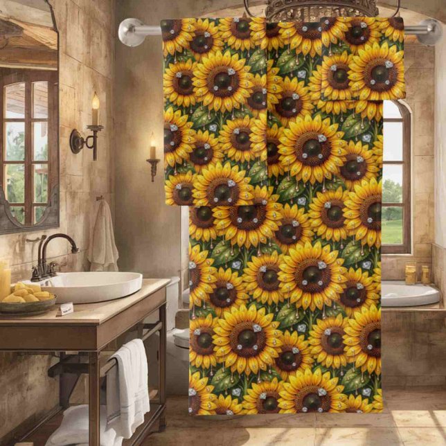 Boho-Sonnenblumen- und Diamant-Handtuch-Set Badhandtuch Set (Von Creator hochgeladen)