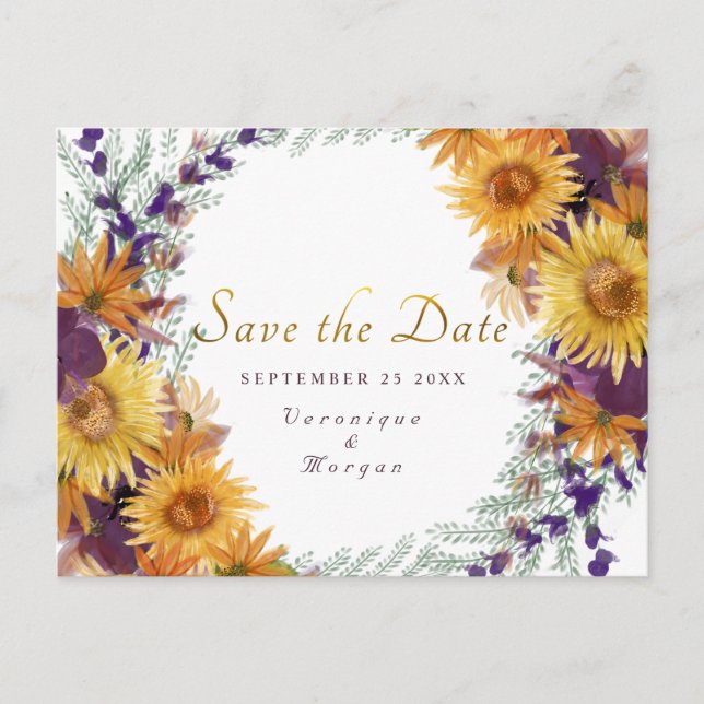 Boho Sonnenblumengold-Drehbuch Save the Date Postkarte (Vorderseite)