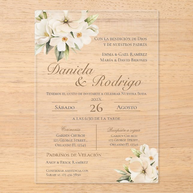 Boho Spanish Wedding Acrylic Invitation Acryleinladungen (Vorderseite)