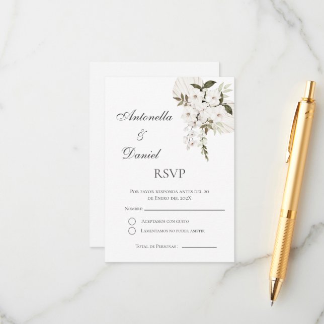 Boho Spanish Wedding RSVP Card Begleitkarte (Vorderseite/Rückseite Beispiel)