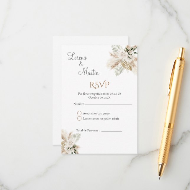 Boho Spanish Wedding RSVP Card Begleitkarte (Vorderseite/Rückseite Beispiel)