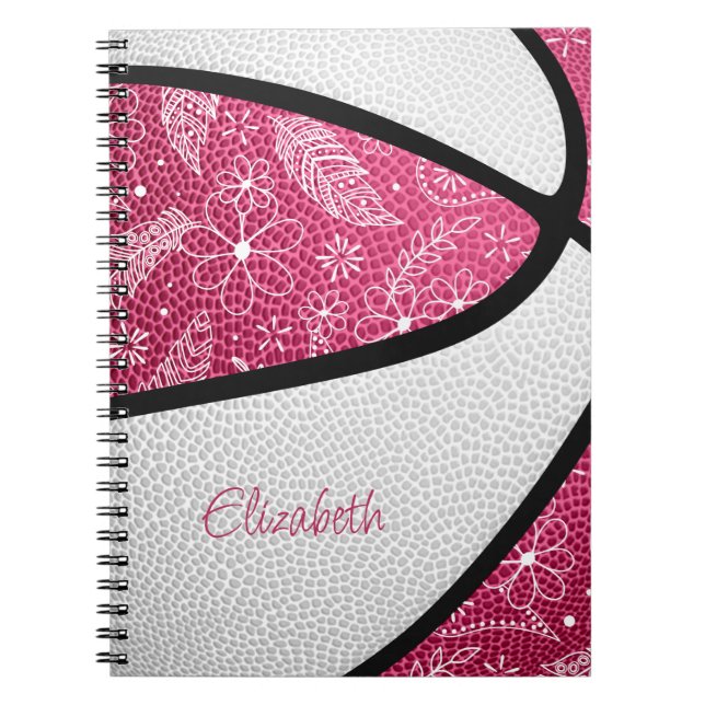 Boho Sport Doodle Federn rosa weißen Basketball Notizblock (Vorderseite)