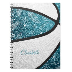 Boho-Sport-Kritzelmuster Türkis Weiß Basketball Notizblock