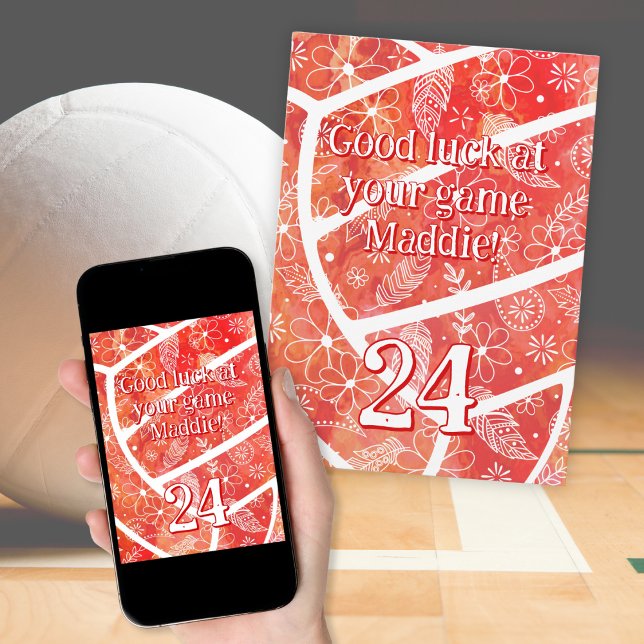 Boho-Sport-Orange-Blumenvolleyball-viel Glück Karte (Flat card with phone mockup)
