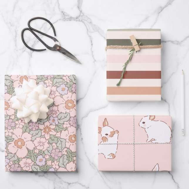 Boho Spring Bunny Botanical Geschenkpapier Set (Vorderseite)
