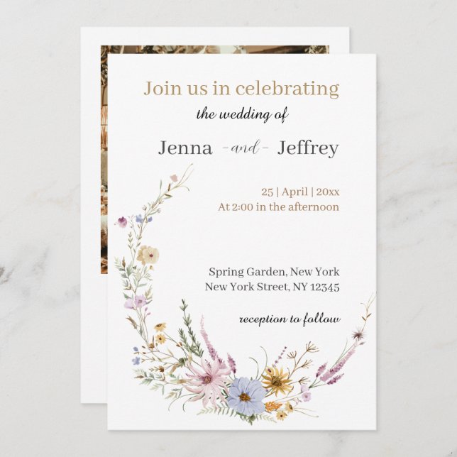 Boho Spring Flowers Foto Hochzeit Einladung (Vorne/Hinten)