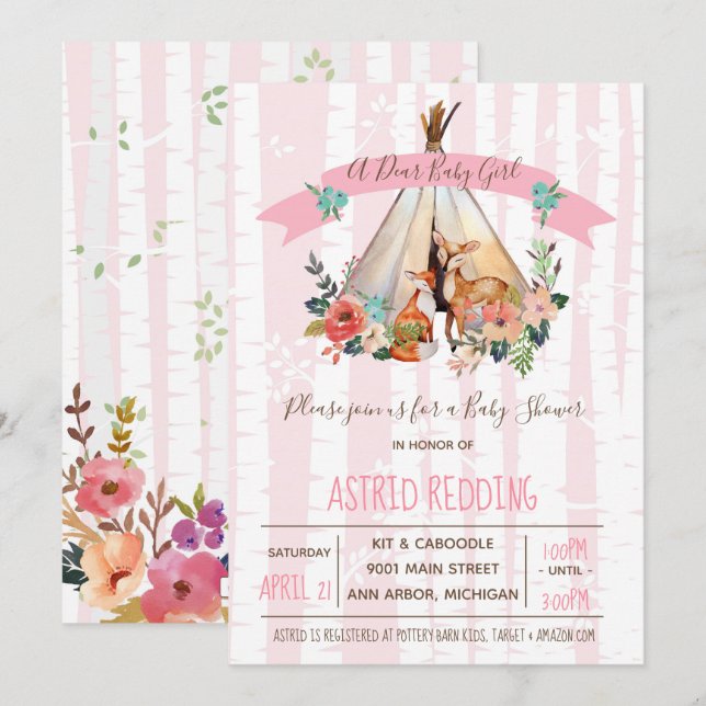 Boho Spring, liebe Baby Girl Woodland Dusche einla Einladung (Vorne/Hinten)