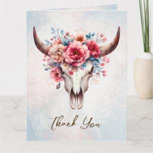 Boho Spring Watercolor Floral Cow Skull Wedding Dankeskarte