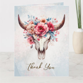 Boho Spring Watercolor Floral Cow Skull Wedding Dankeskarte