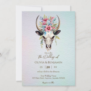 Boho Spring Watercolor Floral Cow Skull Wedding Einladung