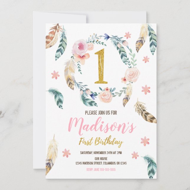 Boho Stamm 1. Geburtstag Einladung für ein Mädchen (Vorderseite)