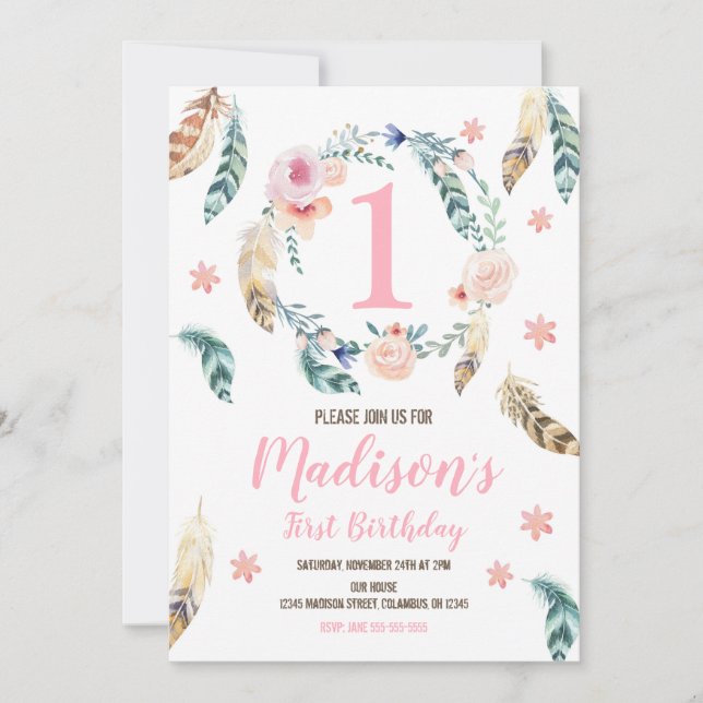 Boho Stamm 1. Geburtstag Einladung für ein Mädchen (Vorderseite)