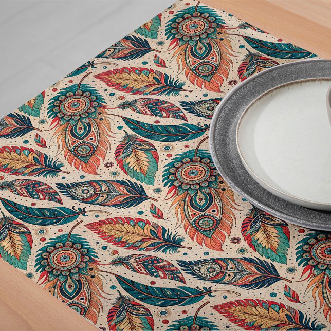 Boho Stamm Ethnic Table Runner Rustic Feathers Großer Tischläufer (Boho Tribal Ethnic Table Runner Rustic Feathers)