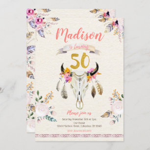 Boho Stammes- Blumenschädel-50. Einladung