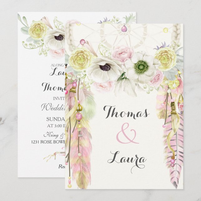 Boho Stammes- Traumfänger-Aquarell-Rosa-Gelb Einladung (Vorne/Hinten)