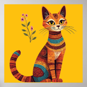 Boho-Stammeskatze Süße Volkskunst mit Blumen Poster