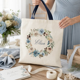 Boho-Staubblau-Beige-Rosen-Blumenkranz-Tasche Tragetasche