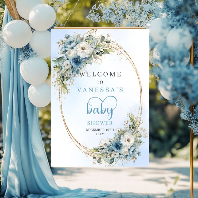 Boho-Staubblau-Blumen-Babyshower-Schild Poster (Boho Dusty Blue Floral Eucalyptus Baby Shower Sign)