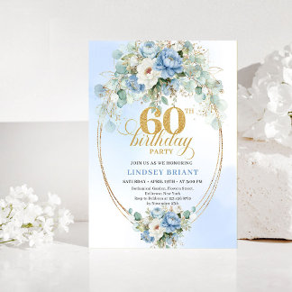 Boho-Staubblau-Blumen-Einladung zum 60. Geburtstag Einladung