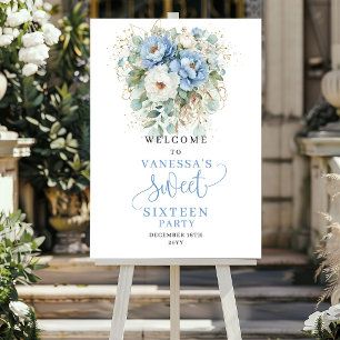 Boho-Staubblau Blumen Sweet 16 Willkommensschild Poster