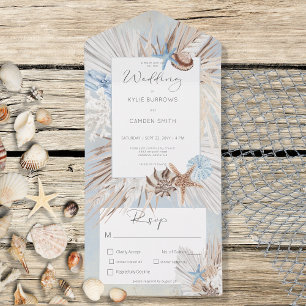 Boho Staubblau Strand Rustikal Abendessen All In One Einladung