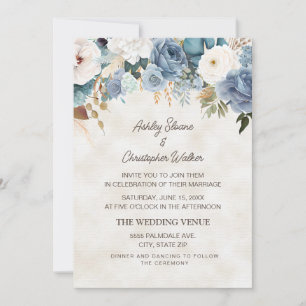 Boho-Staubblau Weiße Blumen Creme Hochzeit Einladung