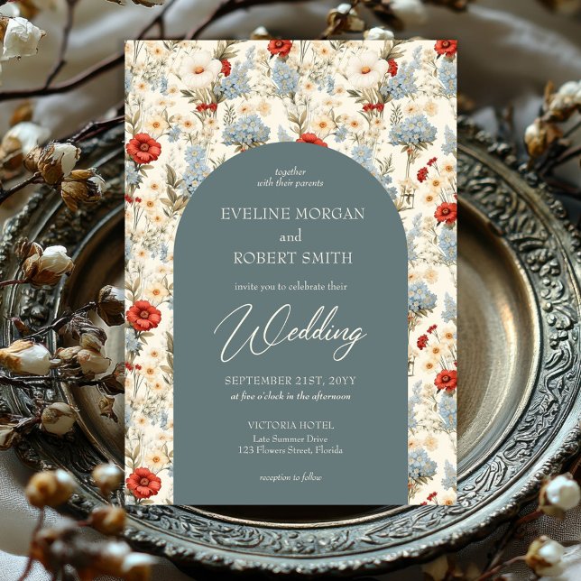 Boho staubblaue Blume aus Terrakotta Einladung (popular watercolor dusty blue and terracotta wild flowers wedding invitation)