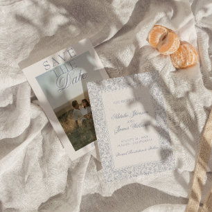 Boho Staubig Blau Blumen Botanisch Foto Hochzeit Save The Date