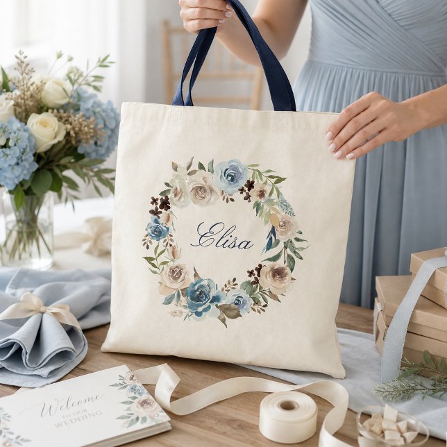 Boho staubige blaue beige RoseblumenWreath Tragetasche (Von Creator hochgeladen)