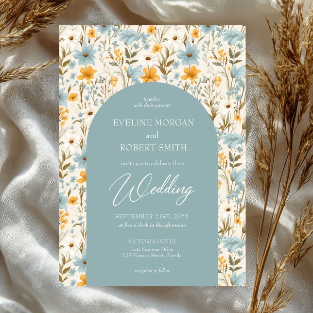 Boho staubige Blume Einladung (boho watercolor dusty blue and yellow wild flowers wedding invitation)