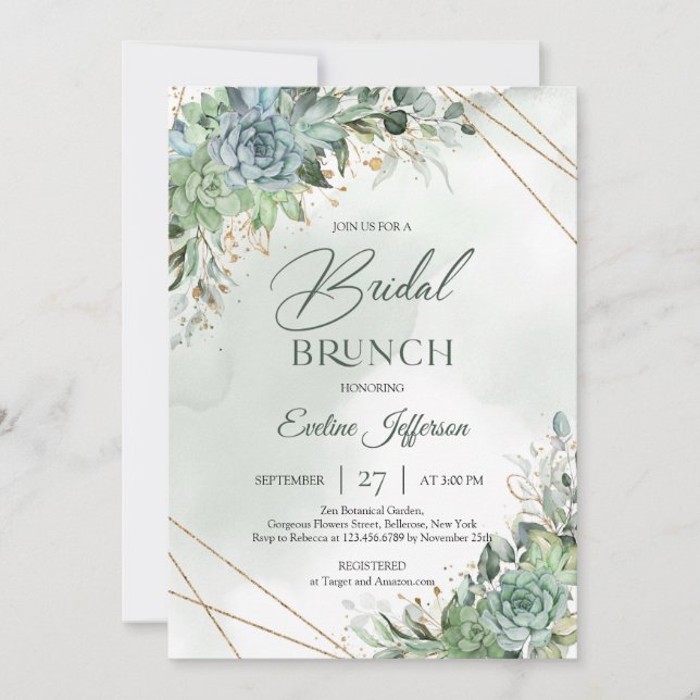 Boho staubige grüne Sukkuline Gold Bridal Brunch Einladung (Vorderseite)