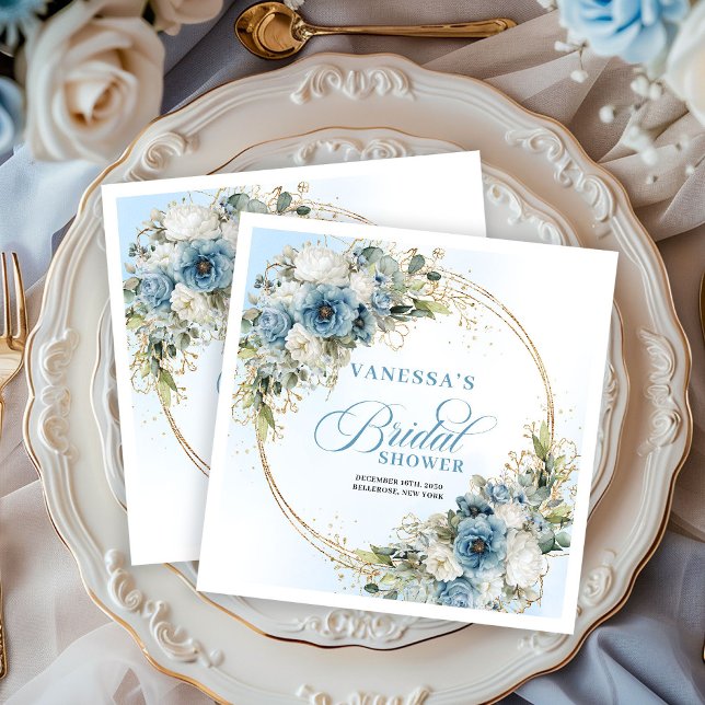 Boho staubiges blaues Blumen- Eukalyptus- Gold Bra Serviette (Boho dusty blue floral eucalyptus gold bridal shower napkins

)
