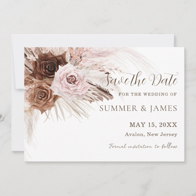 Boho-Staubiges Rosa-Braunes Blumen- Pampasgras-Hoc Save The Date (Vorderseite)