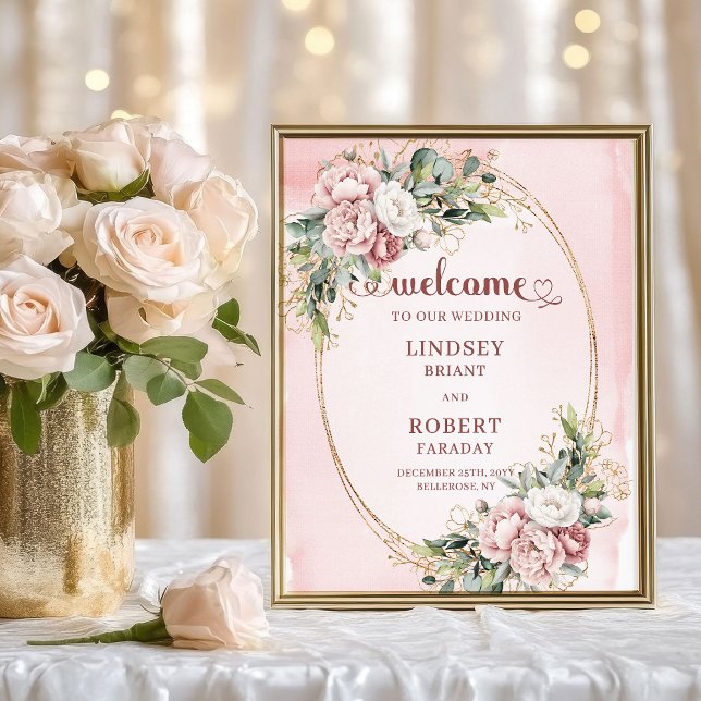 Boho-Staubrosa-Blumen-Gold-Glitter-Willkommensschi Poster (Romantic Blush Floral Greenery Gold Wedding Welcome)