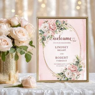 Boho-Staubrosa-Blumen-Gold-Glitter-Willkommensschi Poster
