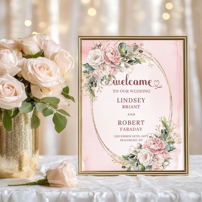 Boho-Staubrosa-Blumen-Gold-Glitter-Willkommensschi Poster (Boho Dusty Pink Flowers Gold Glitter Welcome Sign)
