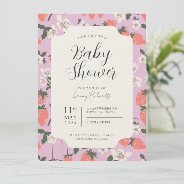 Boho Stawberry Floral Baby Shower Einladung (Stehend Vorderseite)