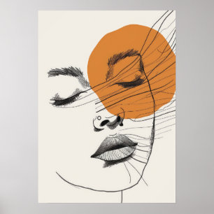 Boho Stil Frau Gesicht Sonne, Line Art Poster