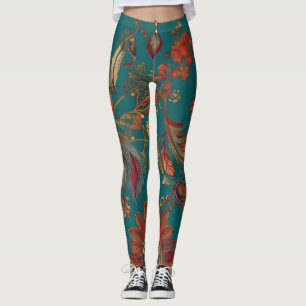 Boho-Stil Smaragd- und Rubin-Federprint Leggings