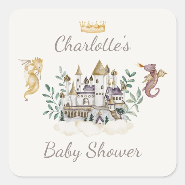 Boho Storybook Dragon Baby Shower Favor Quadratischer Aufkleber (Vorderseite)