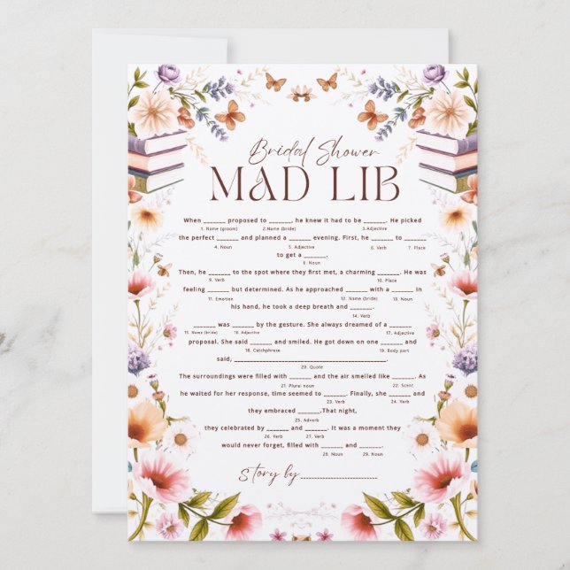 Boho Storybook Floral Mad Libs Brautparty Game (Vorderseite)