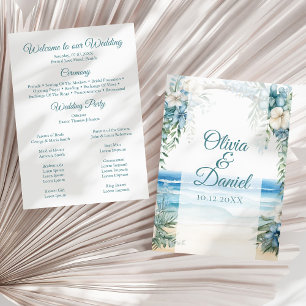 Boho-Strand Blaues Blumenbogen-Hochzeitsprogramm Programm