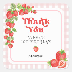Boho Strawberry Berry Erster Geburtstag Vielen Dan Quadratischer Aufkleber