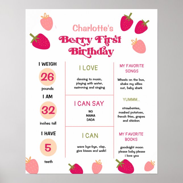 Boho Strawberry Berry First Birthday Milestone Poster (Vorne)